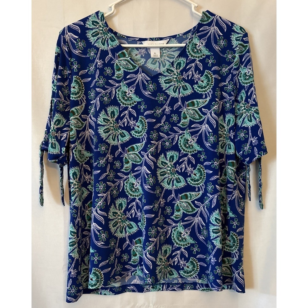 WOMENS LIZ CLAIBORNE Vibrant Blue Floral Stretch Blouse Tie‎ Sleeves  PL